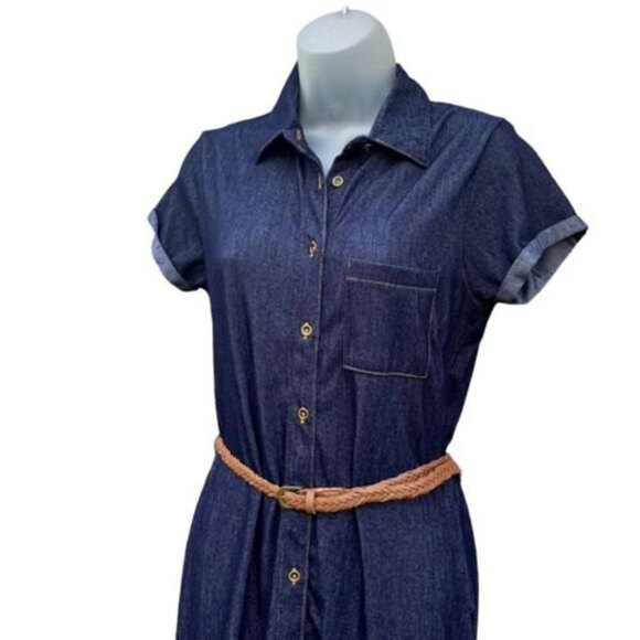 BOBBIE BROOKS Blue Denim Look Short Sleeves Button Down Shirt Knit Dress Sz S - Picture 2 of 7